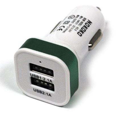 Изображение Автомобильный адаптер 2 USB в пакете IRON Selection квадратный белый с салатовой полосой (2.1A и 1А)