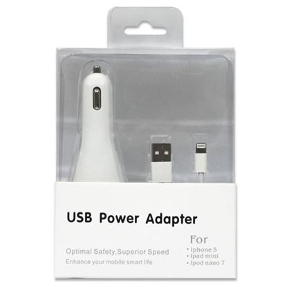 Изображение Набор 2 в 1 автомобильное з/у USB + кабель для iPhone 5/5S/5C/iPad Mini/iPod Nano 7 в коробочке
