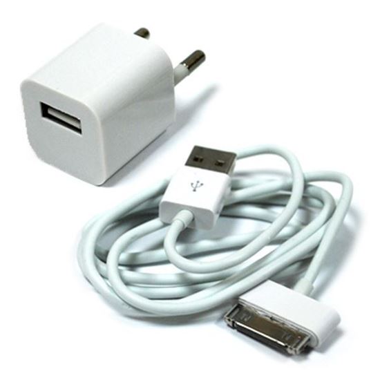 Изображение Набор 2 в 1 сетевое з/у USB квадратное+кабель для iPhone 3G/3GS/4/4S в пакете белый