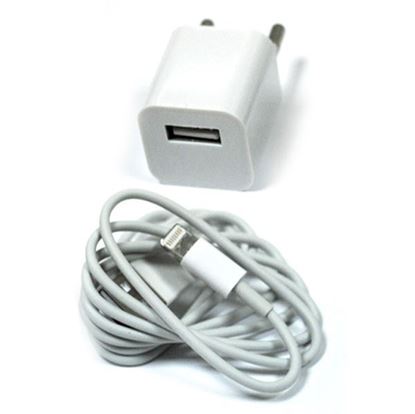 Изображение Набор 2 в 1 сетевое з/у USB квадратное+кабель для iPhone 5/5S/iPad mini/iPod nano7 в пакете белый