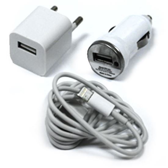 Изображение Набор 3 в 1 автомобильное и сетевое з/у USB + кабель для iPhone 5/5S/5C в пакете белый