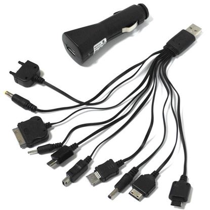 Изображение Набор 2 в 1 авто адаптер USB + кабель 6101/3310/K750/KG800/D800/ D880/V3/V8/PSP/iPod в блистере